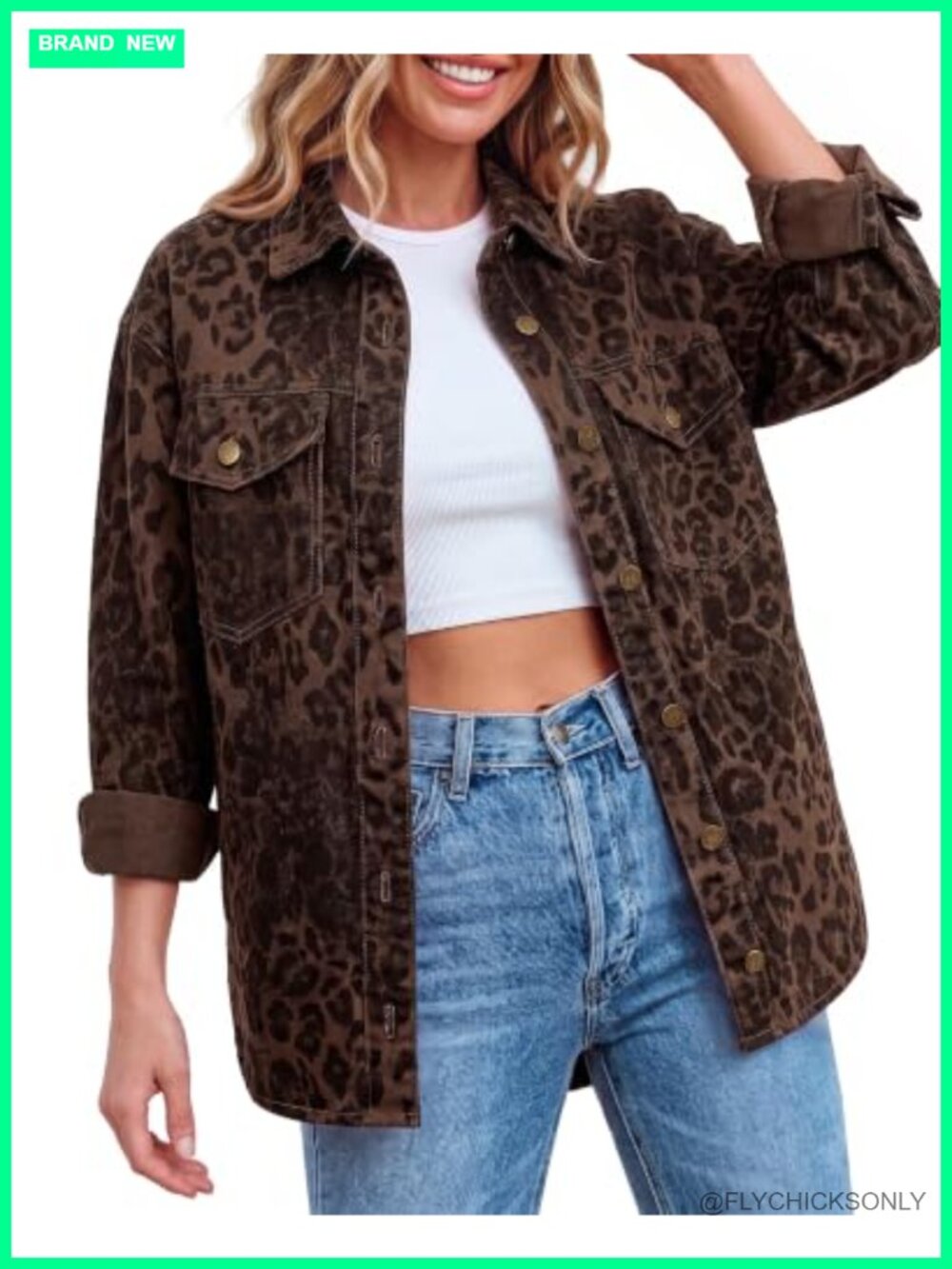 Oversized Cheetah Print Denim Jacket Button Down Shacket